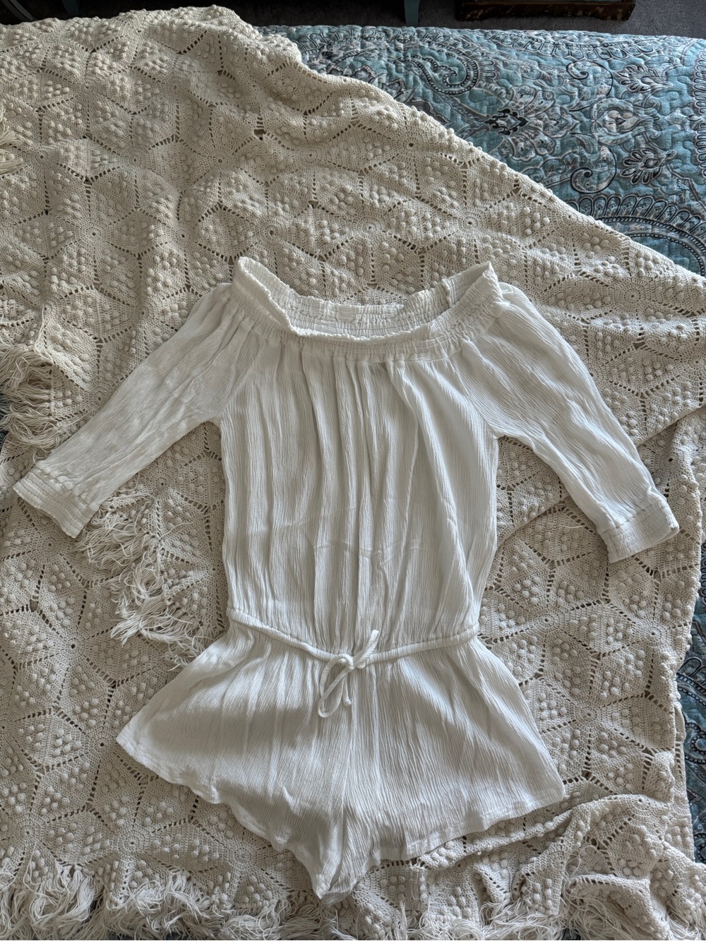 Women's Off-Shoulder White Cover Up Romper with Tie Waist